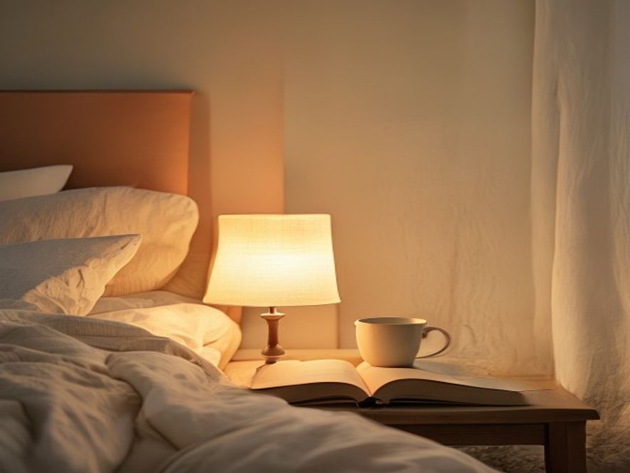 Warm lamp light on a bedside table with a book and an empty mug in a cosy bedroom