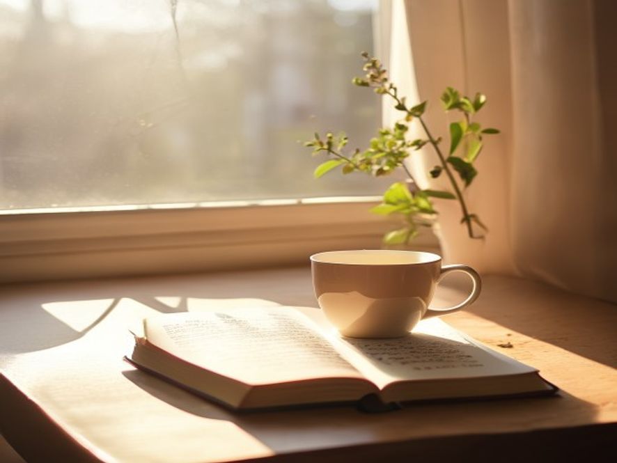 Soft morning light with a journal and cup of tea on a wooden desk by a window